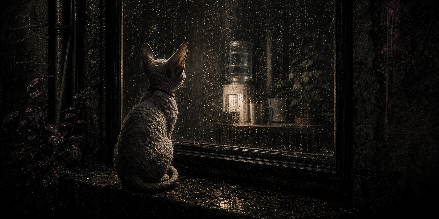 Devon Rex STRAY #07 beside an apartment window